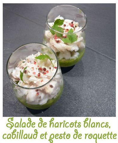 Salade de haricots blancs, cabillaud et pesto de roquette