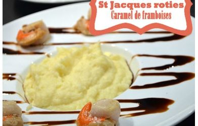 Purée de Panais, coquilles st Jacques roties, caramel au vinaigre de framboises