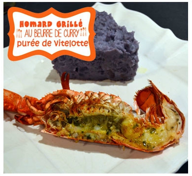 Homards grillés au beurre de curry, purée de vitelotte