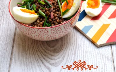 Salade de lentilles au curry, oeuf mollet et lardons