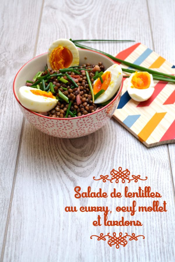 Salade de lentilles au curry, oeuf mollet et lardons