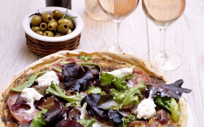 Pizza caviar d’aubergines accord met/vin