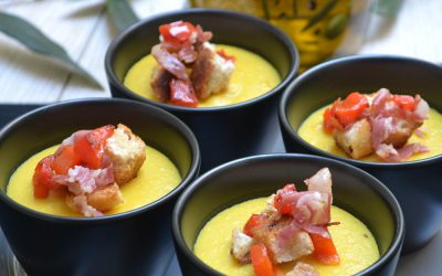 Gaspacho de haricots blancs, petits légumes et pancetta grillée