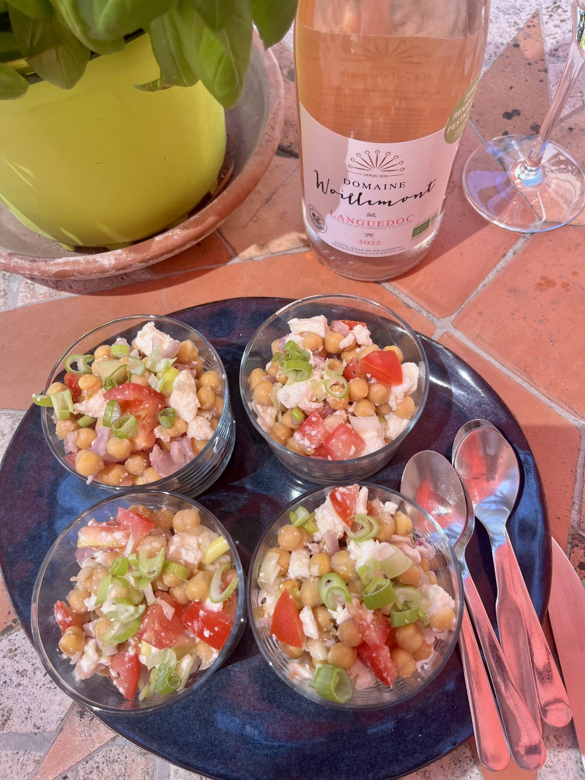 Verrines de pois chiche feta accord rosé du Languedoc Domaine Woillemont